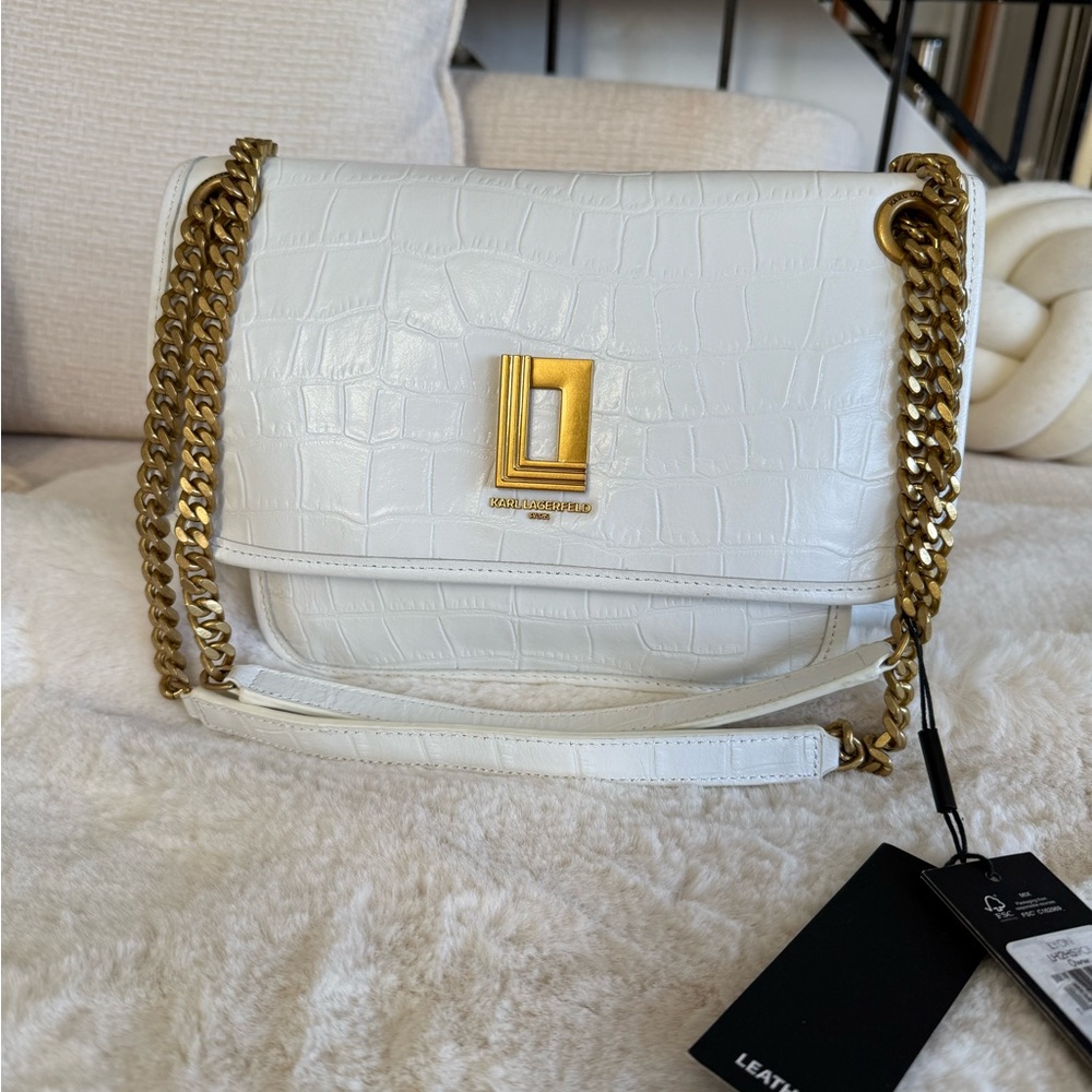 Karl Lagerfeld White Leather Shoulder Bag with Gold Accents